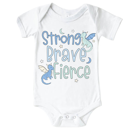 Strong, Brave, Fierce Blue Graphic Bodysuit & Kids Tee | White