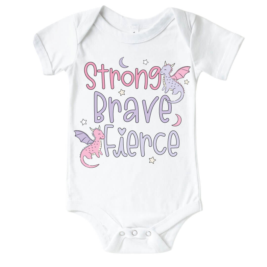 Strong, Brave, Fierce Pink Graphic Bodysuit & Kids Tee | White