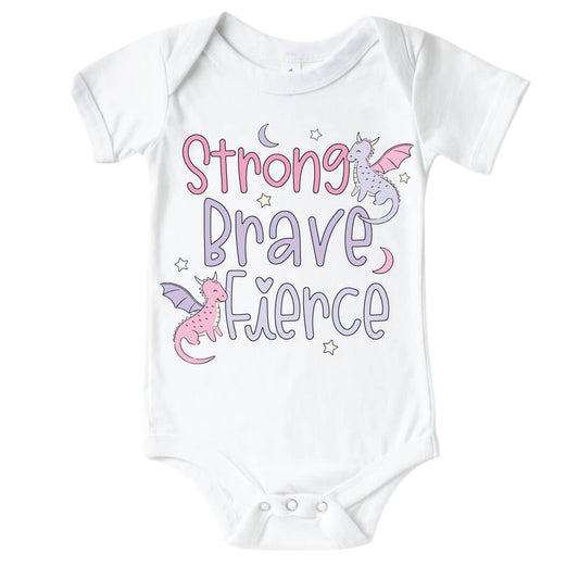 Strong, Brave, Fierce Pink Graphic Bodysuit & Kids Tee | White