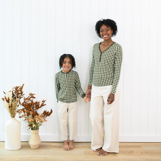 Women's Long Sleeve Henley Tee in Gingham Fir