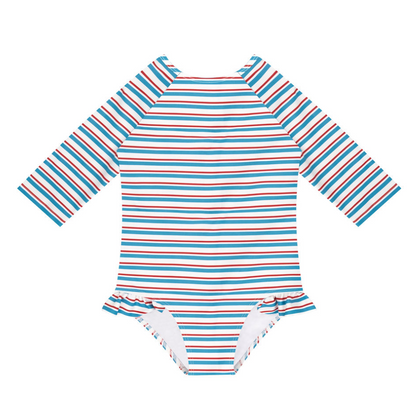 girls jetty stripe quarter sleeve rashguard one piece