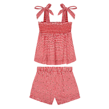 girls cranberry gingham smocked tank and short set