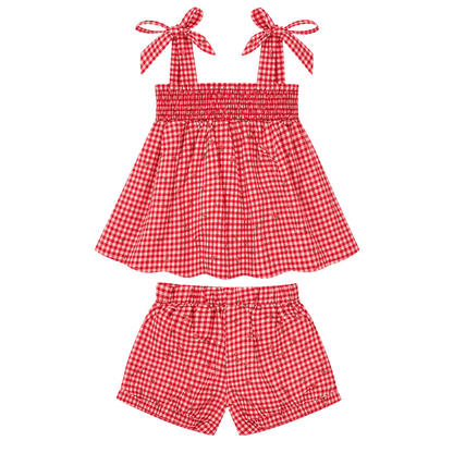 girls cranberry gingham smocked tank and short set