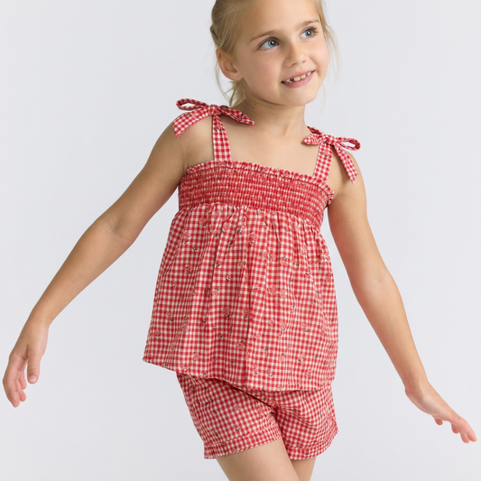 girls cranberry gingham smocked tank and short set