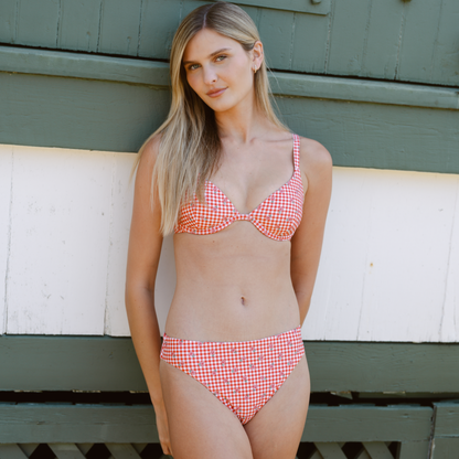 women's cranberry gingham mid rise bikini bottom