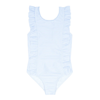 girls powder blue stripe ruffle one piece