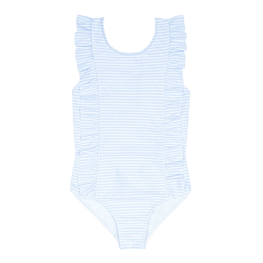 girls powder blue stripe ruffle one piece