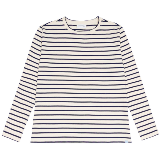 women's cream and navy stripe long sleeve tee