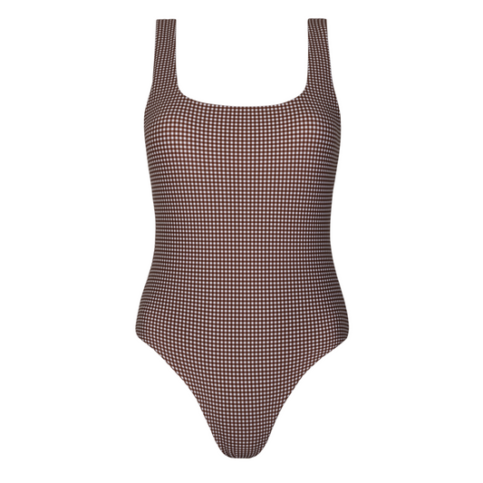 women's cocoa gingham square neck one piece