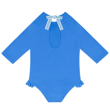 girls deep sea blue terry quarter sleeve rashguard one piece