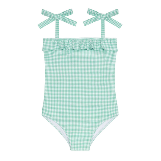 girls gustavia gingham ruffle front tie strap one piece