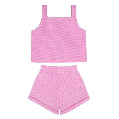 girls blush dot french terry button tank and short set