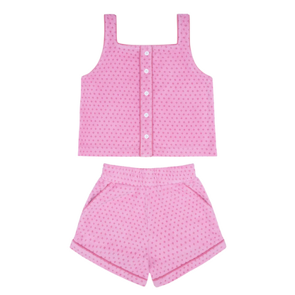 girls blush dot french terry button tank and short set