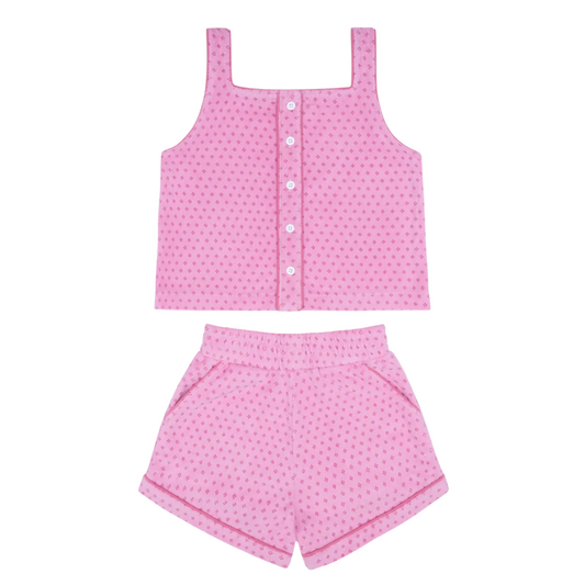 girls blush dot french terry button tank and short set