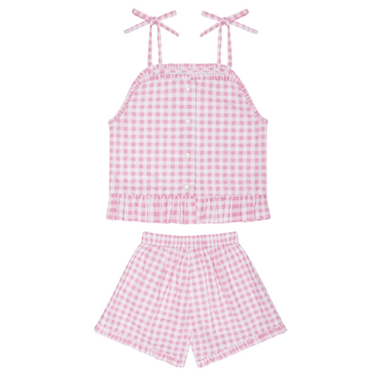 girls blush gingham tie tank and short set