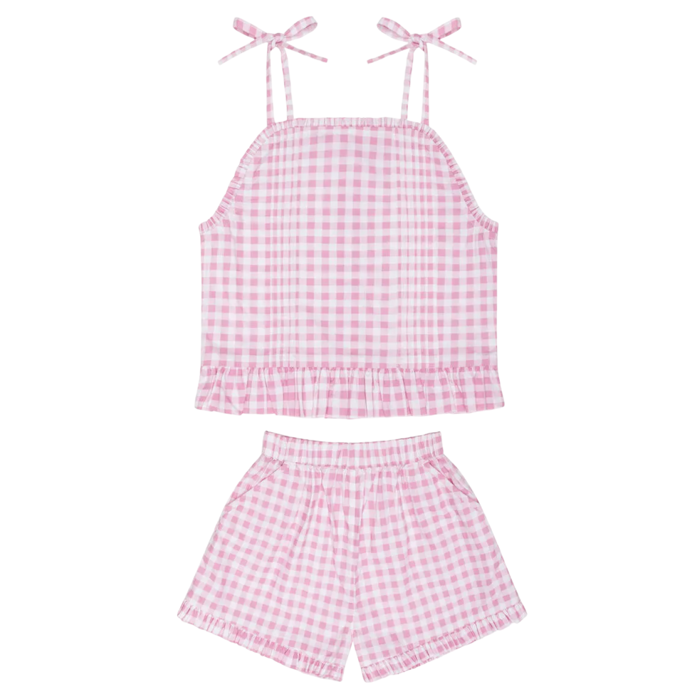 girls blush gingham tie tank and short set