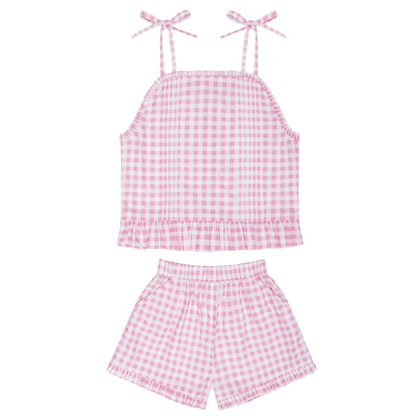 girls blush gingham tie tank and short set