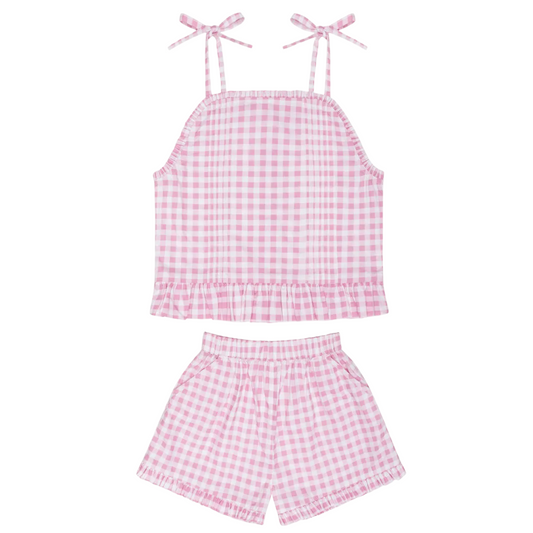 girls blush gingham tie tank and short set