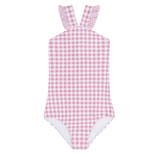 girls blush gingham v-neck crossover one piece