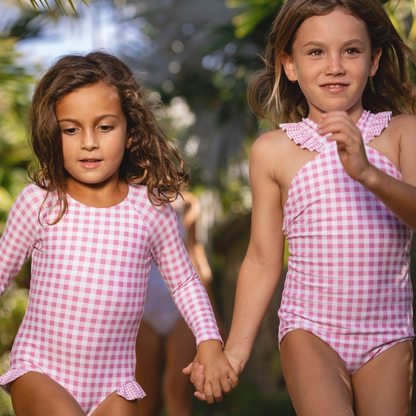 girls blush gingham v-neck crossover one piece
