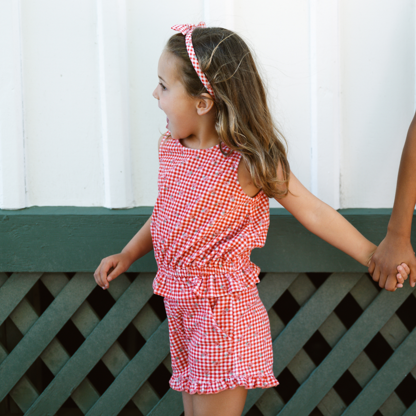 girls cranberry gingham french terry set