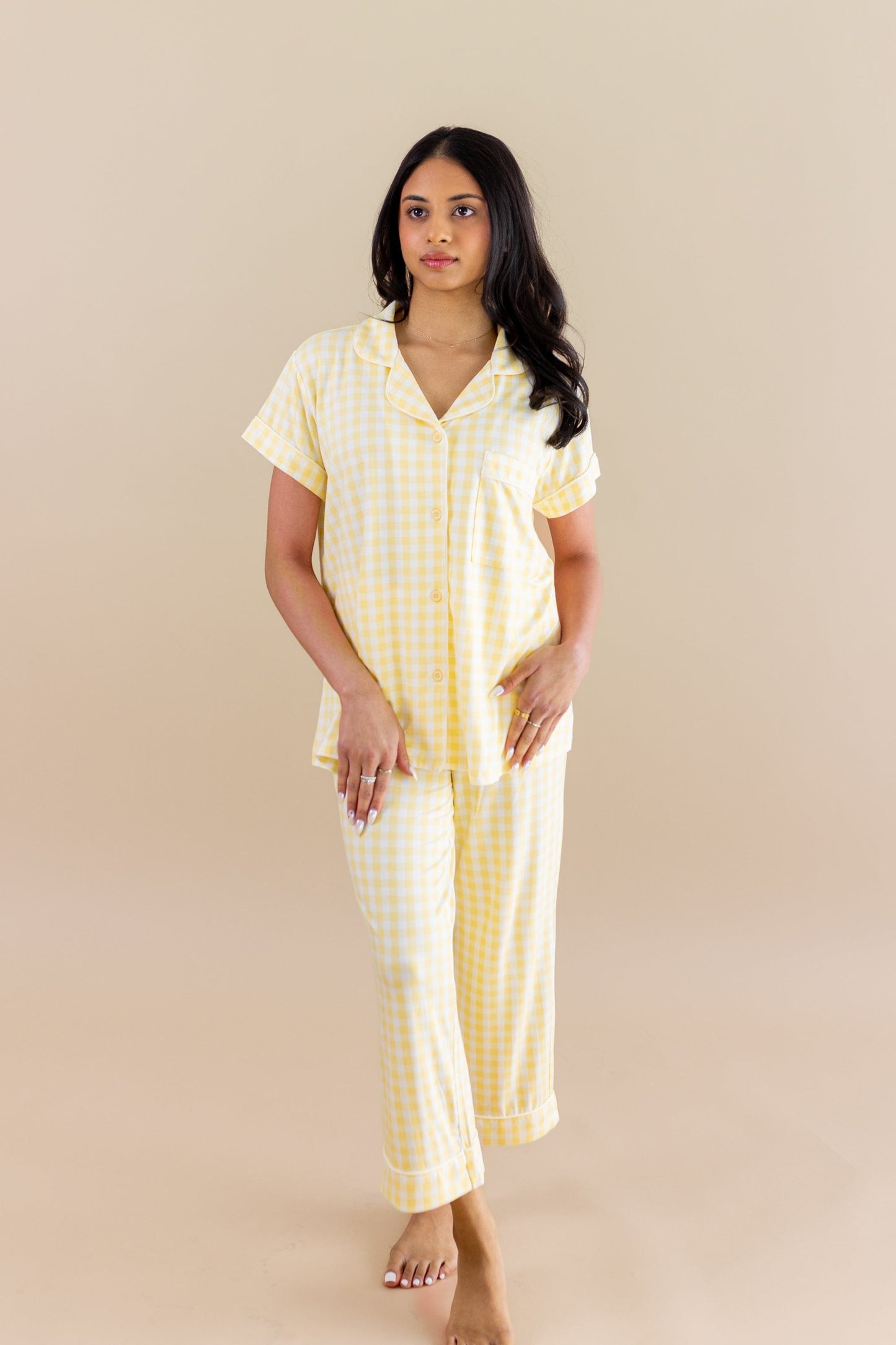 Women's Short Sleeve Cropped Pajama Set in Gingham Chamomile
