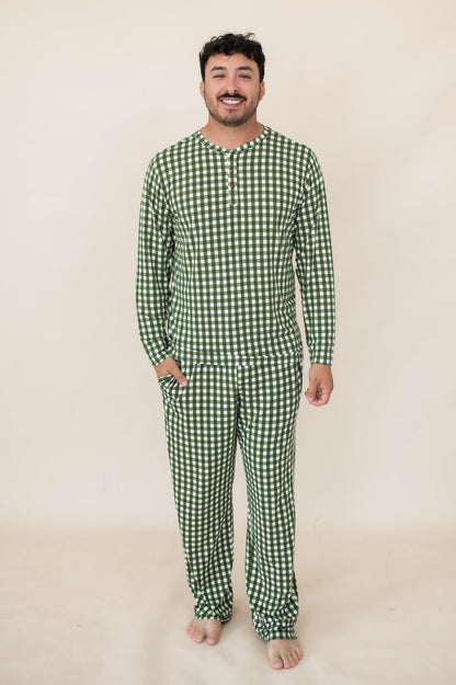 Men's Long Sleeve Henley Top in Gingham Fir