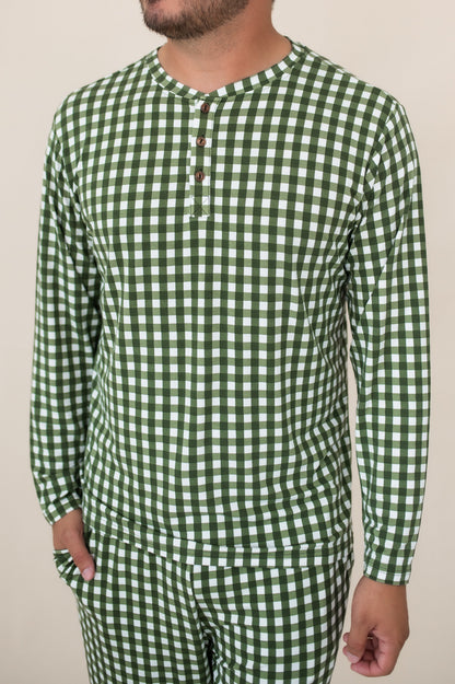 Men's Long Sleeve Henley Top in Gingham Fir