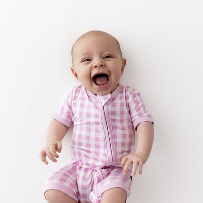 Zipper Shortall Romper in Gingham Thistle