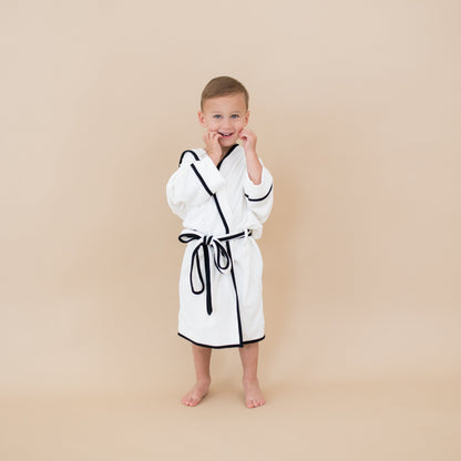 Hooded Bath Robe in Cloud with Midnight Trim