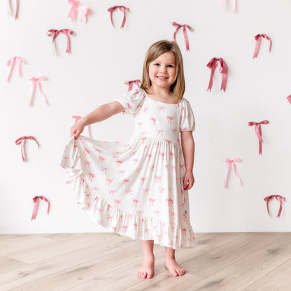 Puff Sleeve Twirl Dress in Bow