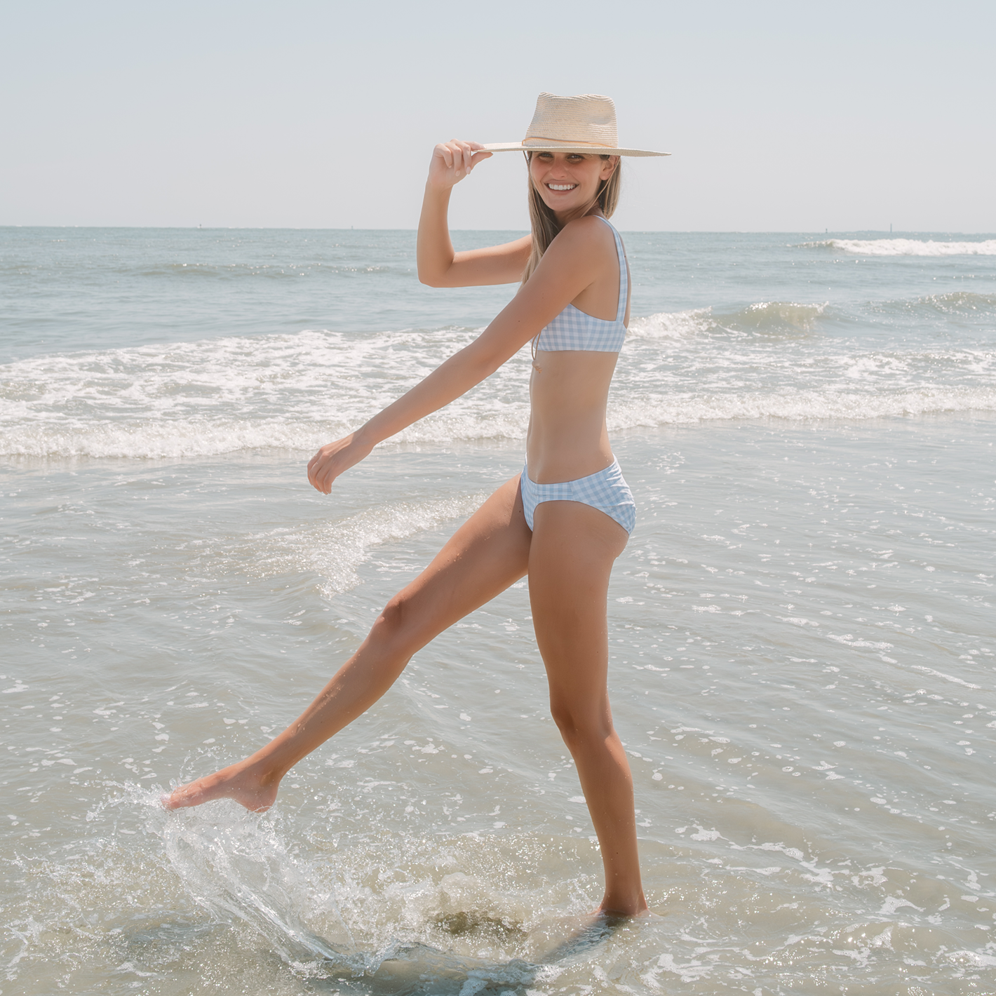 women's oasis blue gingham low waist bikini bottom