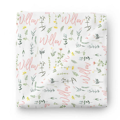 Lilly's Wildflower Leaves Personalized Baby Name Swaddle Blanket