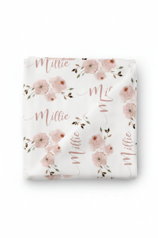 Millie's Dusty Rose Garden Personalized Baby Name Swaddle Blanket