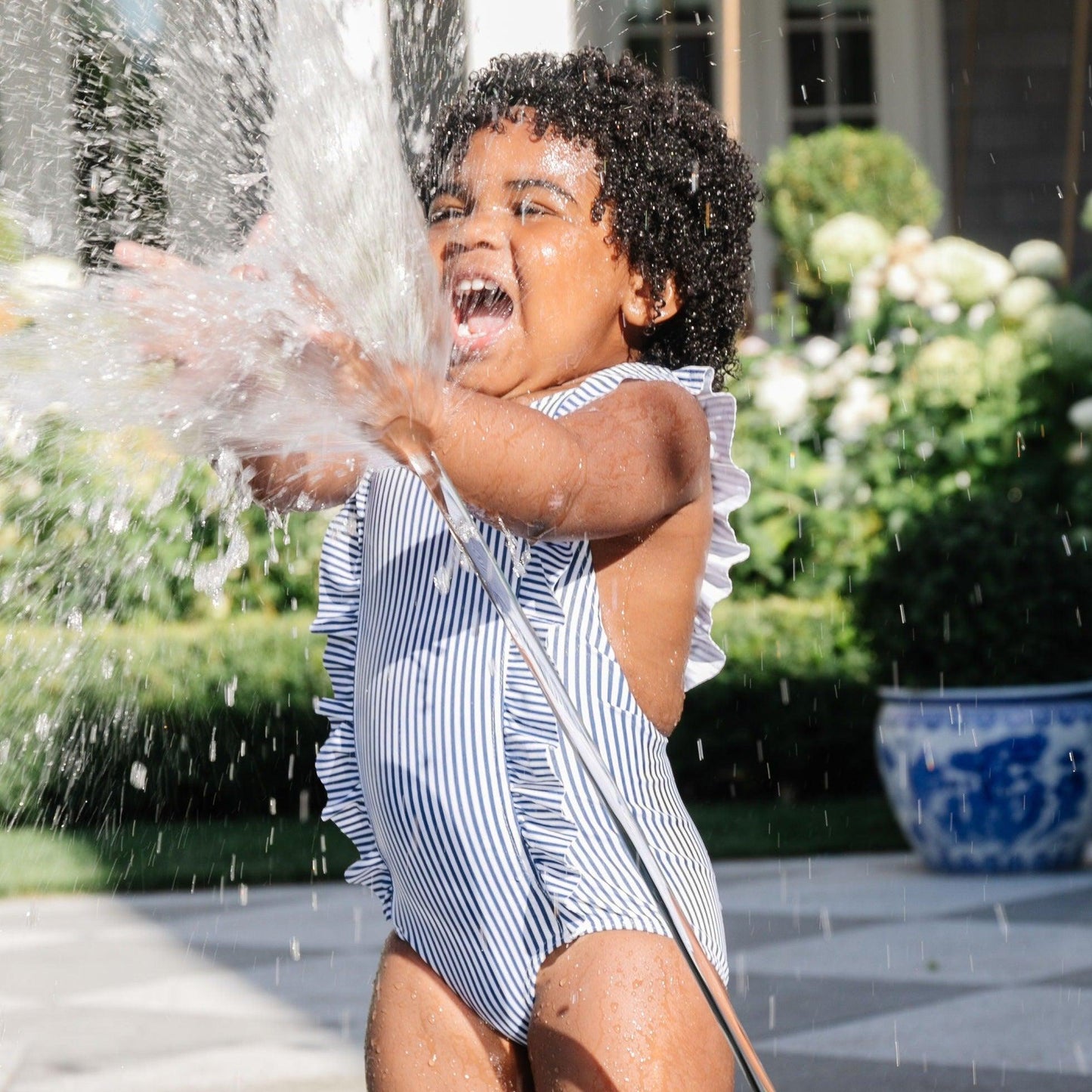 girls navy stripe ruffle one piece