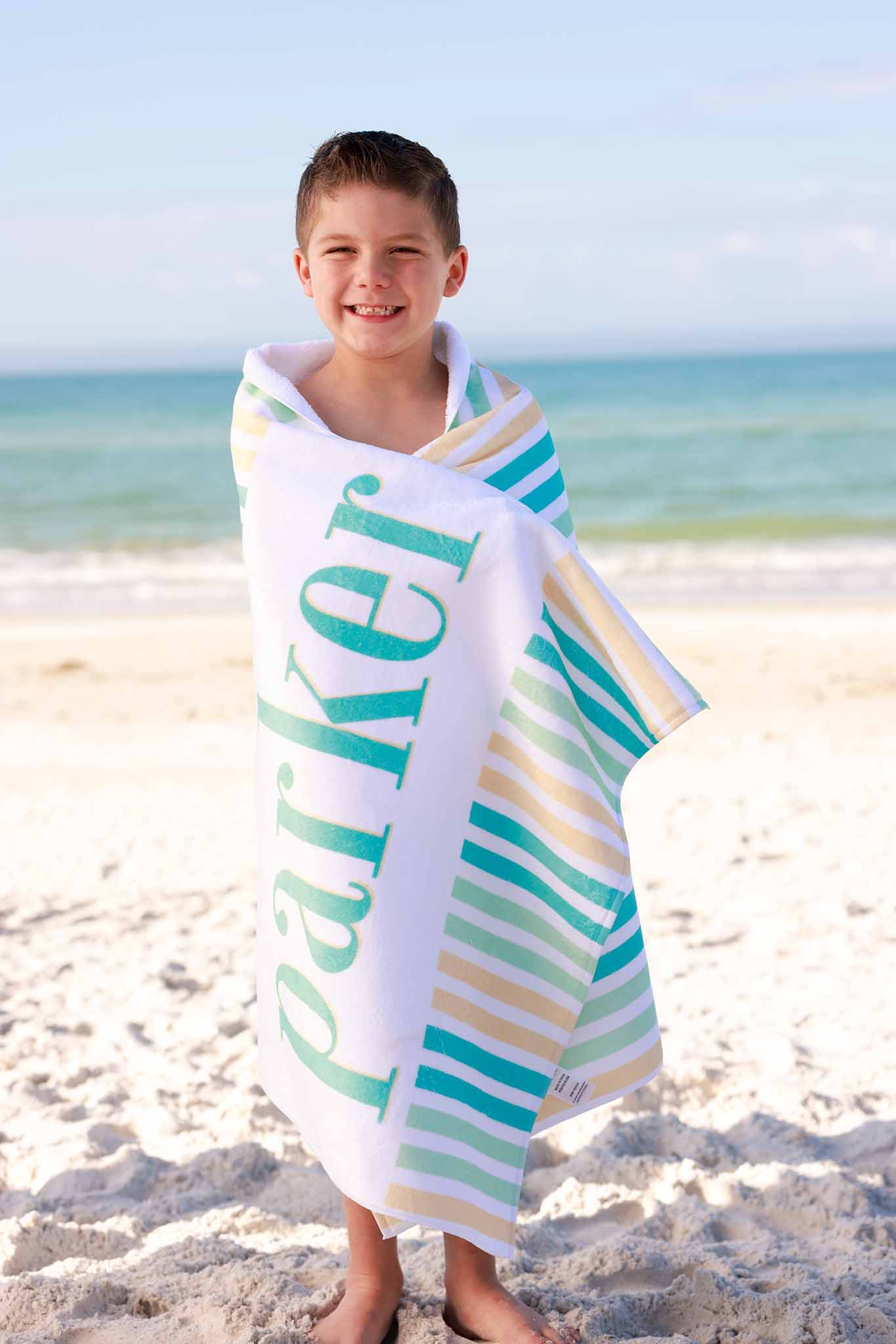 Personalized Kids Beach Towel | Multicolor Seersucker Blue