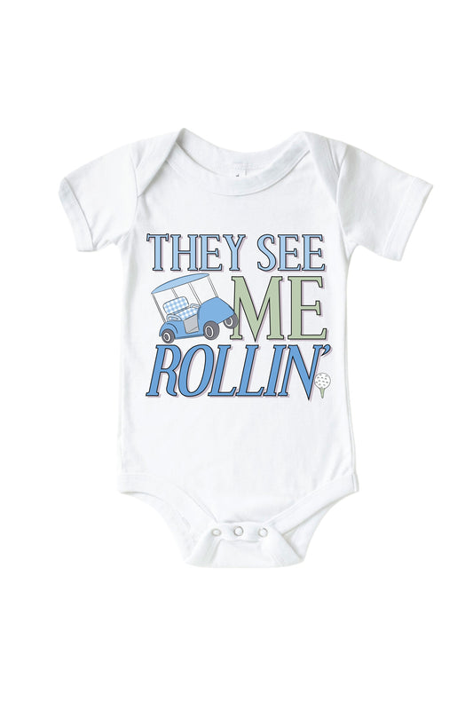 They See Me Rollin' Blue Graphic Bodysuit & Kids Tee | White