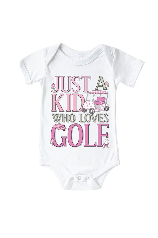 A Kid With Golf Love Pink Graphic Bodysuit & Kids Tee | White