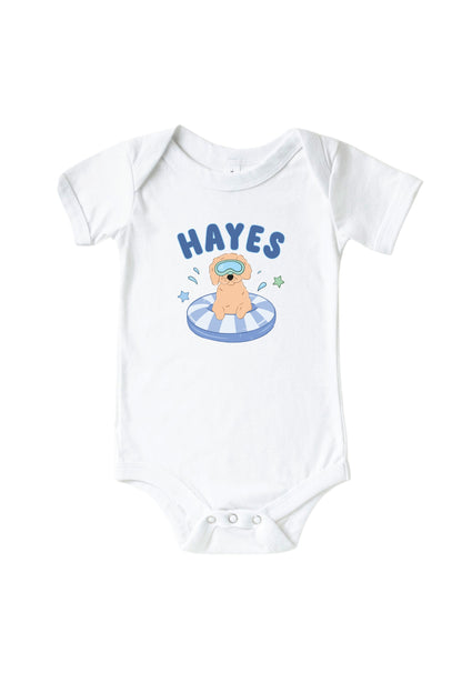 Personalized Poolside Pups Blue Graphic Bodysuit & Kids Tee | White
