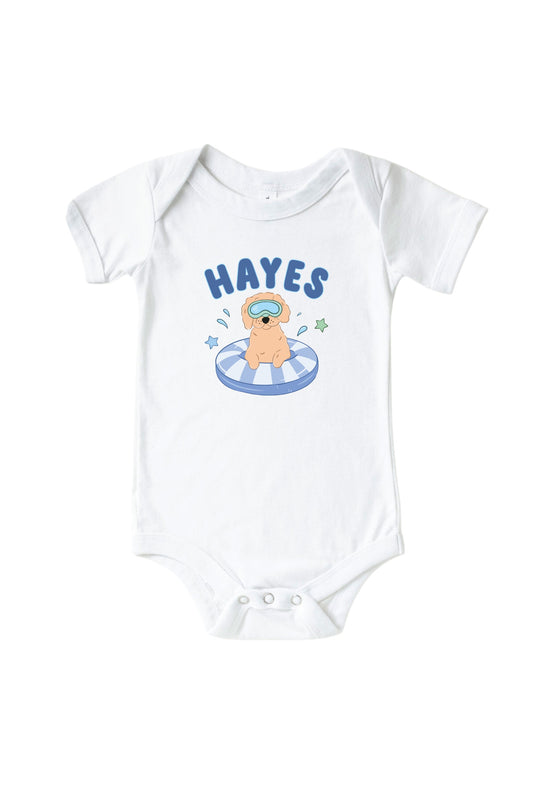 Personalized Poolside Pups Blue Graphic Bodysuit & Kids Tee | White