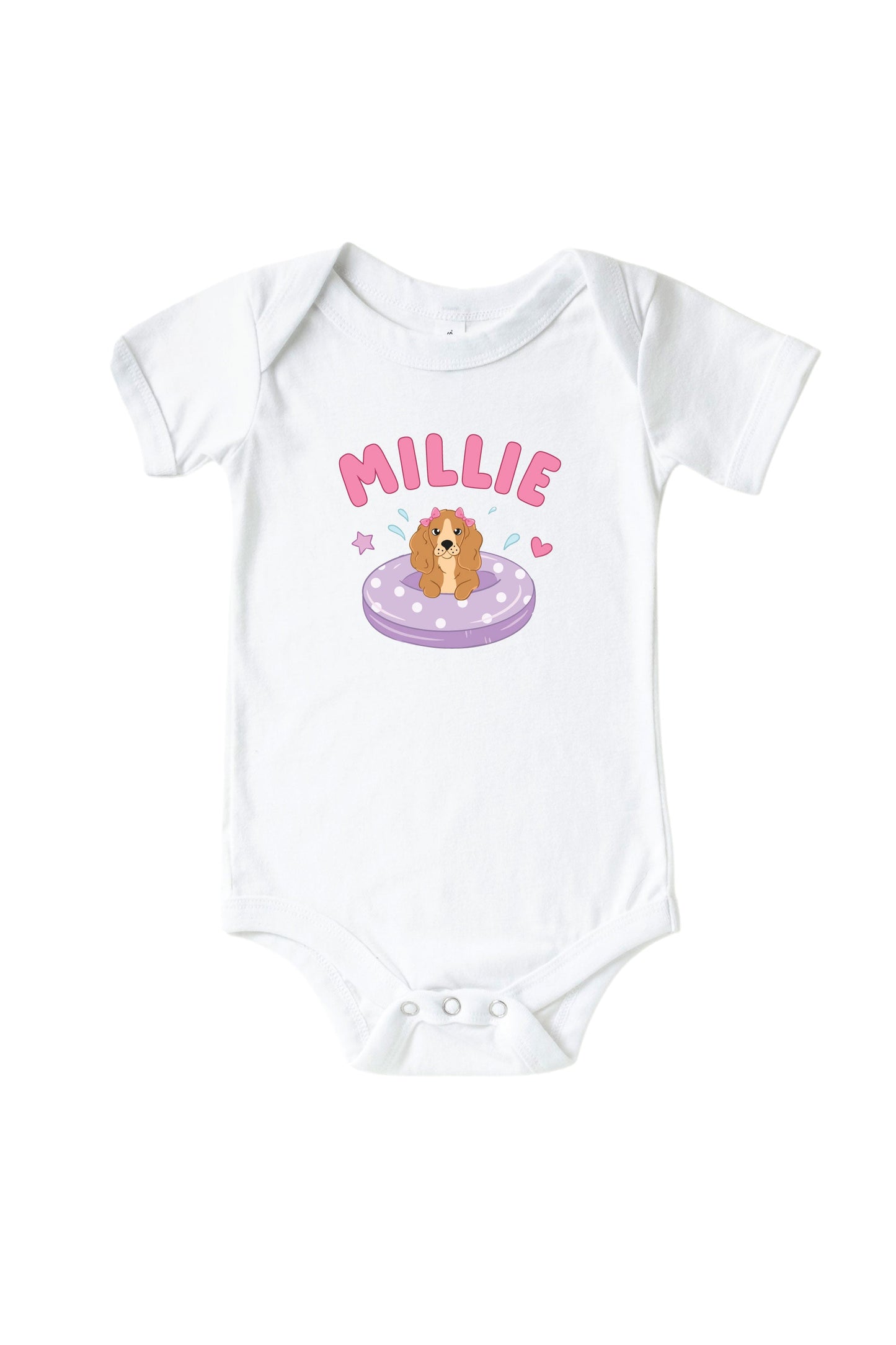 Personalized Poolside Pups Pink Graphic Bodysuit & Kids Tee | White