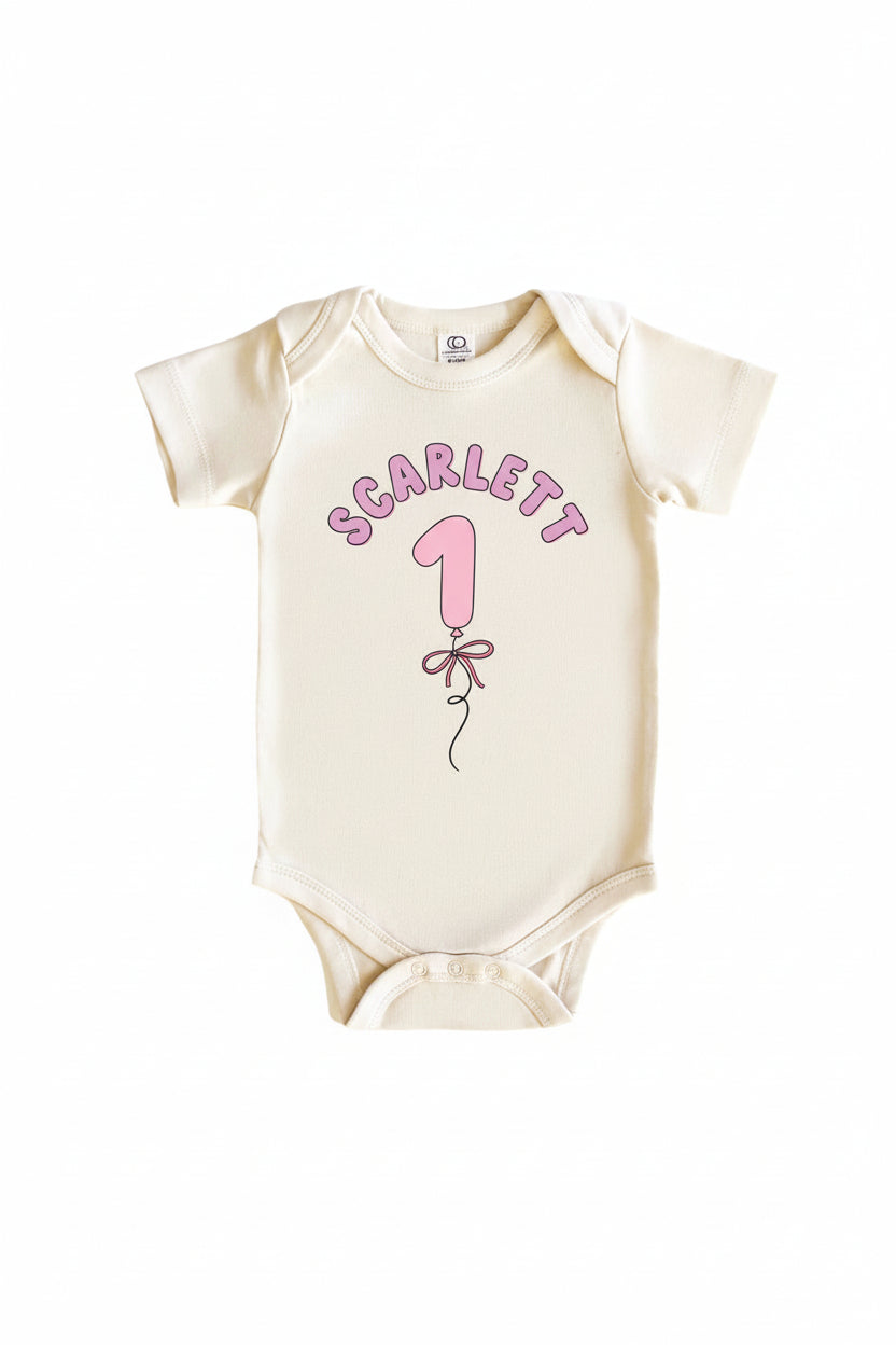 Personalized Pink Birthday Graphic Bodysuit & Kids Tee | Natural
