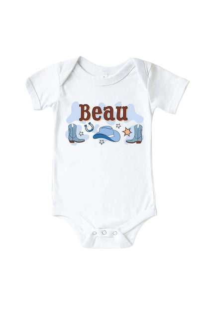 Personalized Rodeo Dreams Blue Graphic Bodysuit & Kids Tee | White