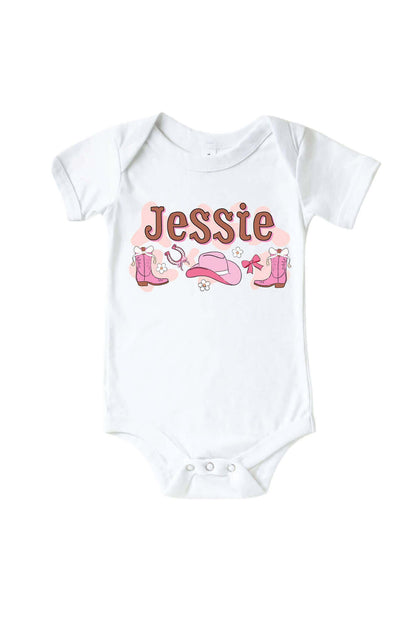 Personalized Rodeo Dreams Pink Graphic Bodysuit & Kids Tee | White