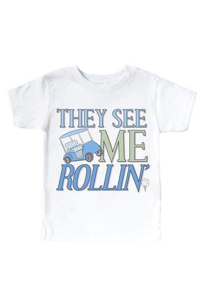 They See Me Rollin' Blue Graphic Bodysuit & Kids Tee | White