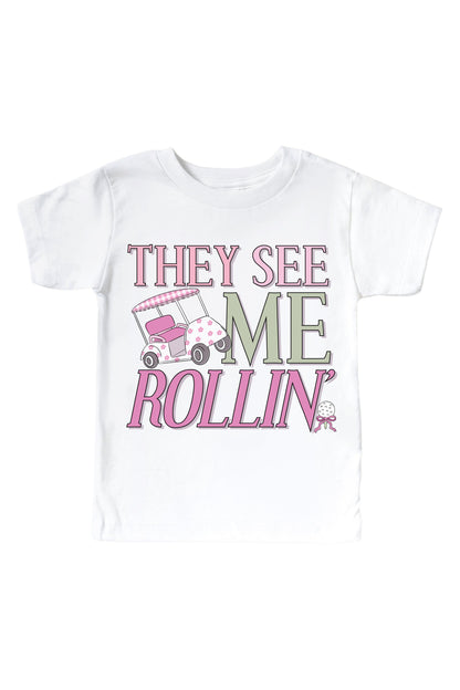 They See Me Rollin' Pink Graphic Bodysuit & Kids Tee | White