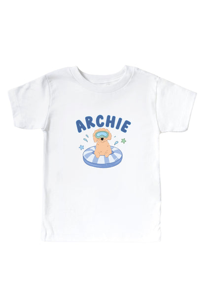 Personalized Poolside Pups Blue Graphic Bodysuit & Kids Tee | White