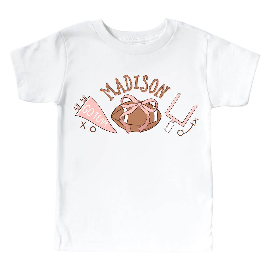 Personalized Tiny Touchdowns Pink Graphic Bodysuit & Kids Tee | White