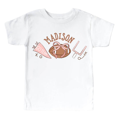 Personalized Tiny Touchdowns Pink Graphic Bodysuit & Kids Tee | White