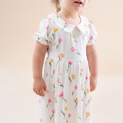 Peter Pan Collar Bodysuit Dress in Tulip